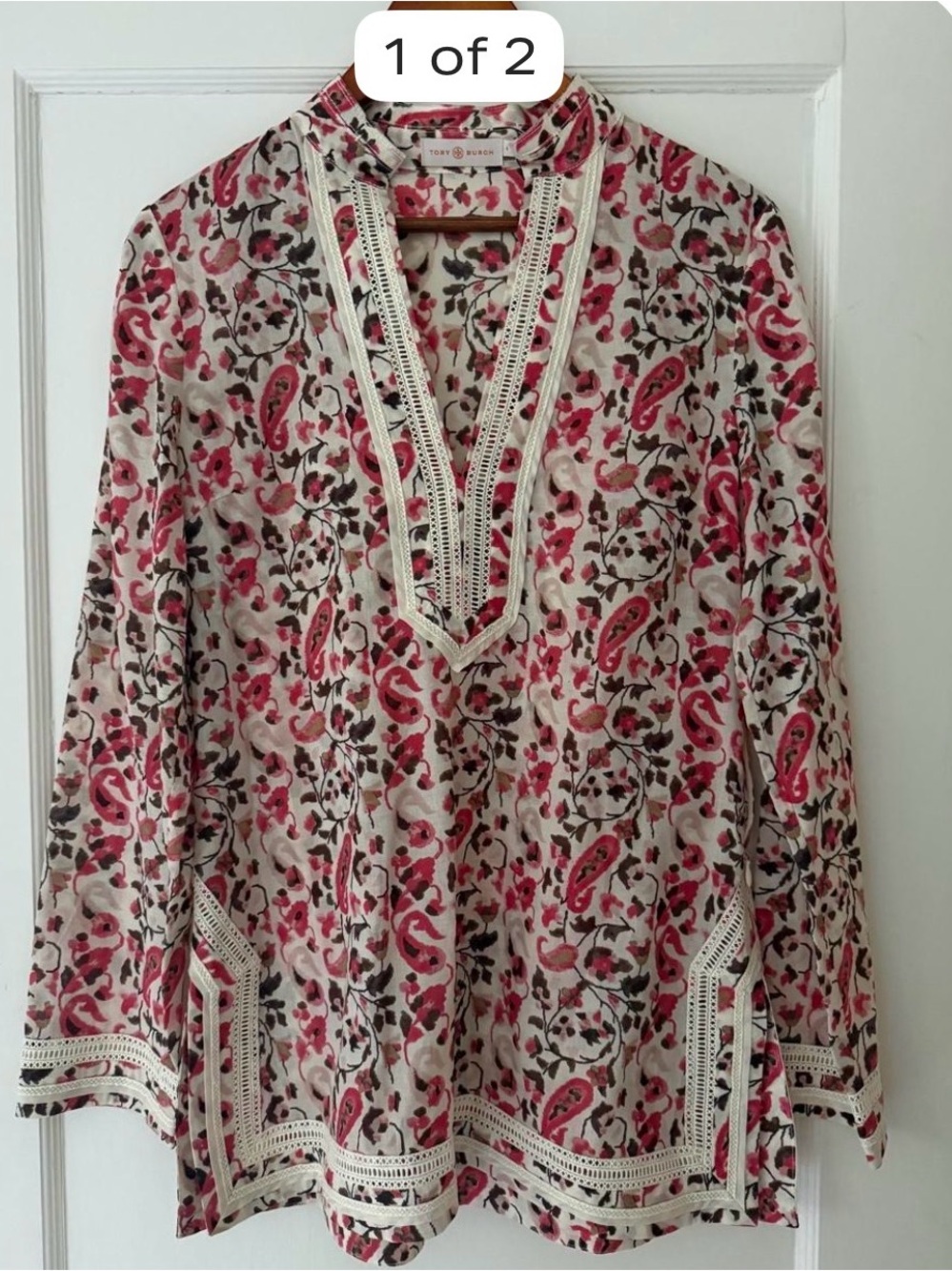 Tory Burch Pink and Cream Paisley V-Neck Tunic